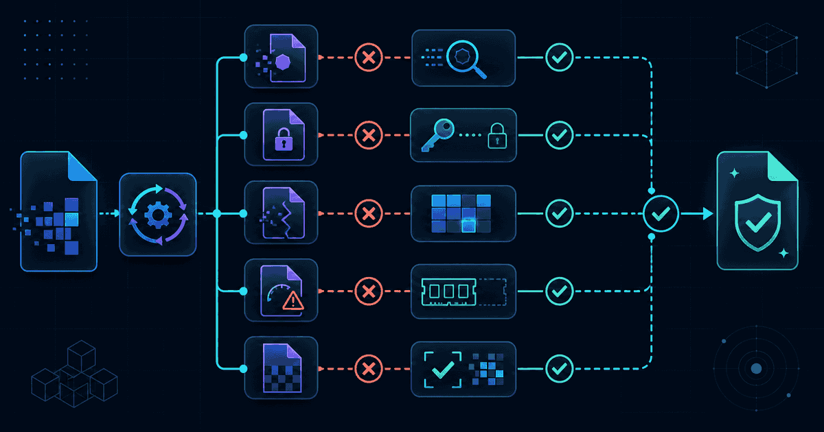 A conversion pipeline branching into five practical checks for input, support, resources, output validation, and destination quality.
